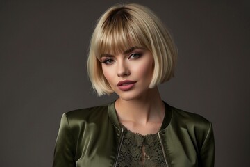 Woman, perfect face, make-up, cheeky short hair with bangs in blond, colored lips, fashionable dress with bolero jacket, dark olive green, plain standing sideways, real (3/4 body) - obrazy, fototapety, plakaty