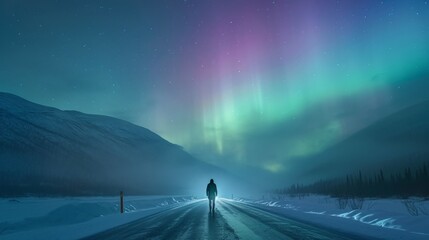 A person stands in highway snow field with beautiful aurora northern lights in night sky in winter.