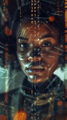 Black woman cyber security expert. With AI code illusminated overlay around her.  Working in a data center. Female Computer Engineer. Generative AI.