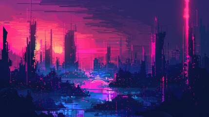 Abstract dark background of a nighttime landscape in pixel art style. AI generative.