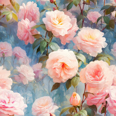 Seamless pattern of lush garden roses in full bloom, oil painting style