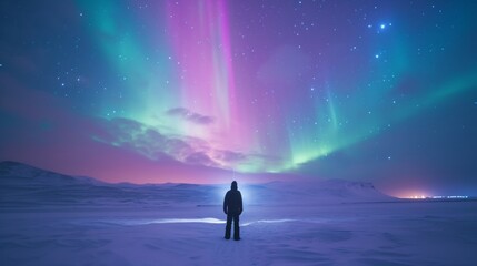A person stands in snow field with beautiful aurora northern lights in night sky in winter. - obrazy, fototapety, plakaty