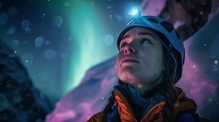 Hiker climb ice mountain in wild field with beautiful aurora northern lights in night sky in winter.