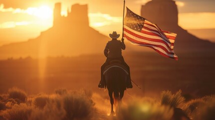 Cowboy on horseback carrying a US national flag