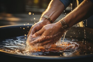 Man washing hands in a large basin outdoors, practicing good hygiene in a natural setting