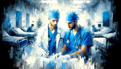 Illustration in a painterly style, blue tones with orange highlights, splotches and strokes workers are looking away from viewer in their environment 