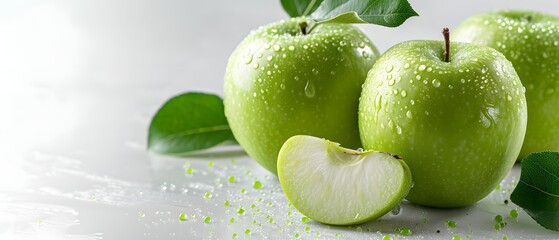 two green apples with one cut in half and one half eaten with a leaf on top of it, on a white background