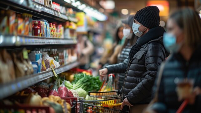 People With Face Mask Shopping In A Grocery Store With Fresh Produce.