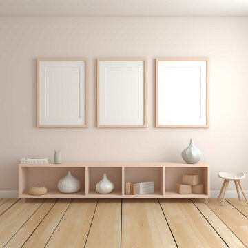 Poster mockup, poster in the room, frame on the wall, blank billboard in the room, empty room with white wall and floor