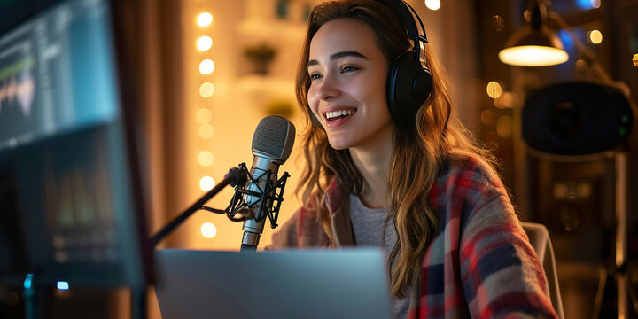 Happy young woman using studio microphone speak