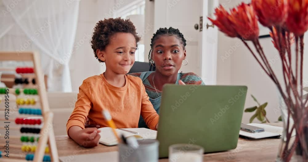 Poster mother, child and remote learning on laptop for virtual school with abacus for counting, math or not