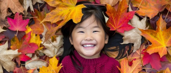Naklejka na ściany i meble Little Girl Smiling by Pile of Leaves