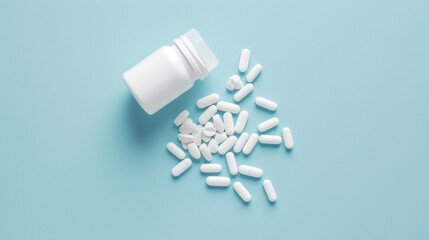 Medicine pill drug tablet in bottle on table with light blue background closeup view - Powered by Adobe