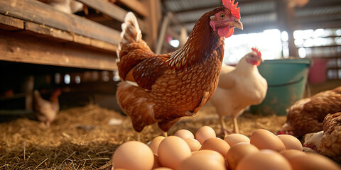 hen lays eggs at a chicken coop in a group of chicken