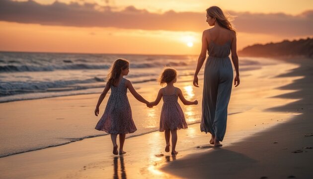 Mother and her daughter, enjoying walk along beach, sunset