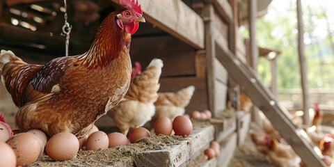 hen lays eggs at a chicken coop in a group of chicken - obrazy, fototapety, plakaty