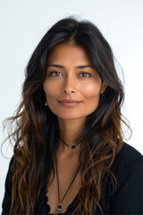 portrait front photo of 37 year old indian woman facing camera, studio photography, soft shadows, transparent white background 
