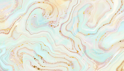Modern liquid marble painting background design with smooth waves and gold sequins.