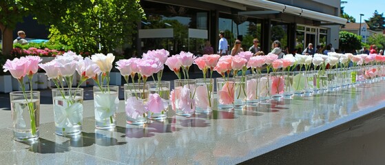 Row of Vases Filled With Pink and White Flowers