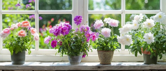 Fototapeta na wymiar Window Sill Filled With Potted Flowers Next to a Window