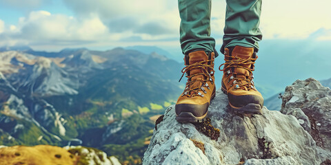Hiking boot. Male legs with shoes on mountain