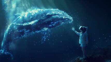 Obraz premium A little girl is in a virtual fantasy underwater world with a giant glowing whale when wearing VR headset.