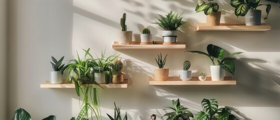 Fototapeta na wymiar Assorted Plants Arranged on Multiple Shelves