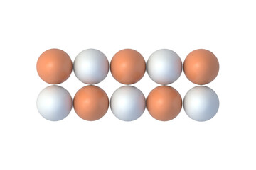 Set of chicken eggs isolated on white background. Ingredients for cooking. Organic food. Top view. 3d render
