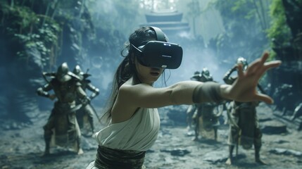A female is in a virtual fantasy world Kung Fu fighting with opponents when wearing VR headset.