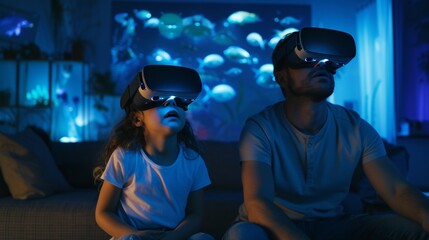 A little girl with her parent is in a virtual fantasy underwater world with sealife when wearing VR headset.