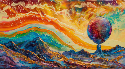 Vibrant Cosmic Balloon Floating Over Multicolored Mountain Ranges