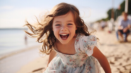 A a joyful little girl playing in a beach on a summer day. Girls playing on the beach. - obrazy, fototapety, plakaty