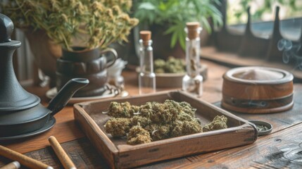 A plate of dried cannabis buds on table