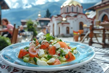 Fresh Shopska Salad with Feta Cheese Savored at a Picturesque Mountain Village Cafe - obrazy, fototapety, plakaty