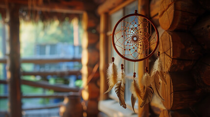 a dreamcatcher hanging in the room of a country wooden house