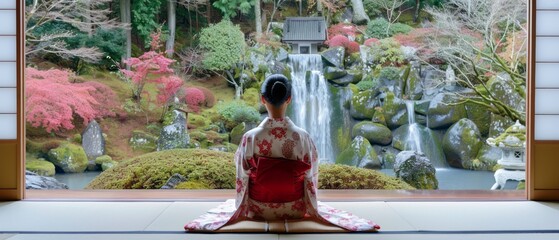 Woman in Kimono Sitting in Front of Waterfall