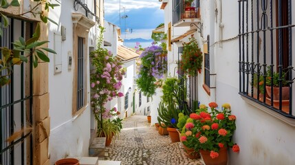 Fototapeta na wymiar Altea old town with narrow streets and whitewashed houses. Architecture in small picturesque village of Altea near Mediterranean sea in Alicante province, Valencian Community, Spain