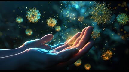 3D hologram of pollens in hands - obrazy, fototapety, plakaty