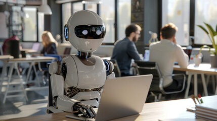 Fototapeta premium Robot Working in Professional Office on Laptop