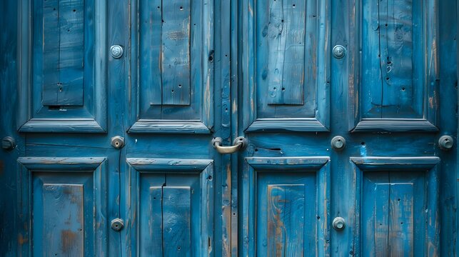 Closeup of blue painted wooden entrance door. Part of renovated door with pattern

