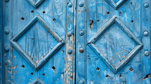 Closeup of blue painted wooden entrance door. Part of renovated door with pattern
