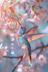 A hummingbird hovering by a dreamcatcher amidst blooming flowers with a soft-focus background