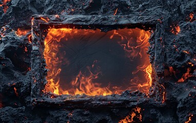 Rectangular frame fire flame stone texture background. Halloween theme. copy text space.	
