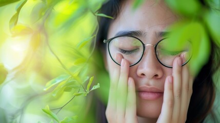 A person with itching eyes in spring field with plant flower grass in allergy season - obrazy, fototapety, plakaty