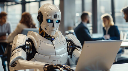 Robot Working in Professional Office on Laptop