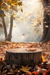 tree stump podium between autumn leaves fall season themed background