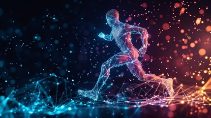 Glowing hologram of human body 3D structure running pose with dark background.