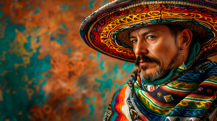 Close-up portrait of a mexican charro in outlandish attire. Image with copy space. Generative AI