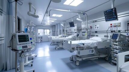 Advanced medical equipment in ICU patient room in hospital.