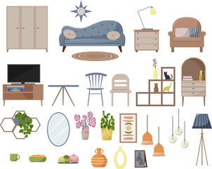 Set of furniture for living room design. Sofa and wardrobe, bedside table and armchair, table and chairs, figurines and flowers. TV and floor lamp, bookcases and shelves, lamps and mirror. Flat vector